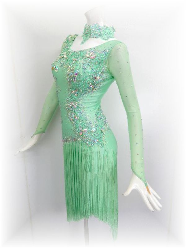 爽やかなエメラルドグリーンのラテンドレス | 社交ダンスドレス 格安 