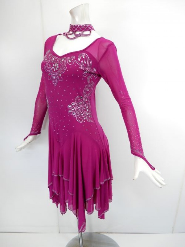 【wp737】社交ダンス衣装　ギザギザ　ワンピース　ピンクパープル　Lサイズ