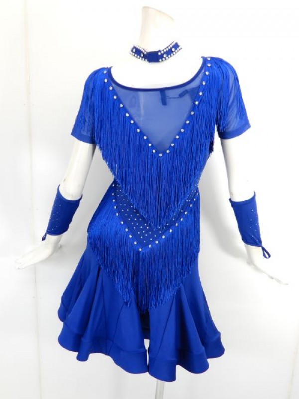 【wp740】社交ダンス衣装　フリンジ　ワンピース　Mサイズ　ブルー