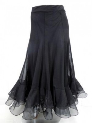 《高品質》【sk811】社交ダンスロングスカート　6枚はぎ　オーガンフリル　ブラック