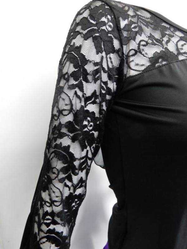 【c503】社交ダンス衣装　袖背中フリル　ブラック　Mサイズ