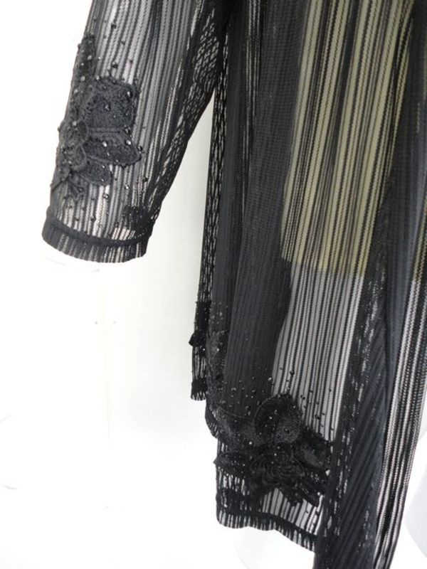 【tt574】カーディガン　丈長め　ボーダーレース　刺繍飾り　ブラック