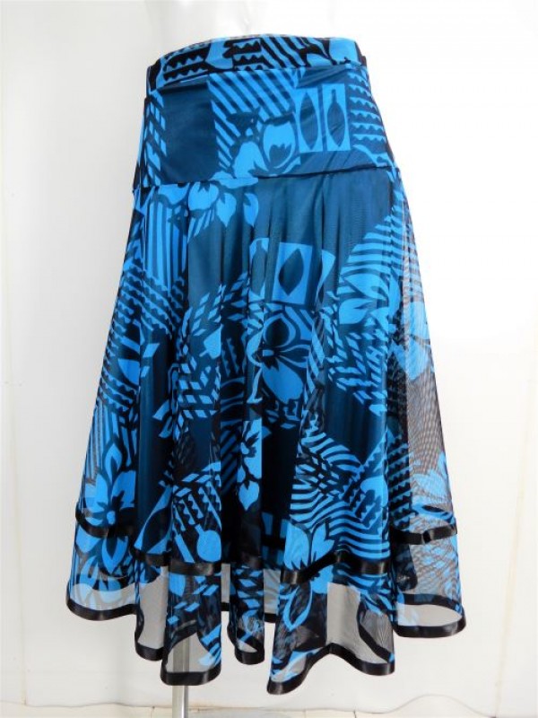 【sk815】社交ダンスミディアムロングスカート　裾テープ　裏付き　MIX柄　ブルー
