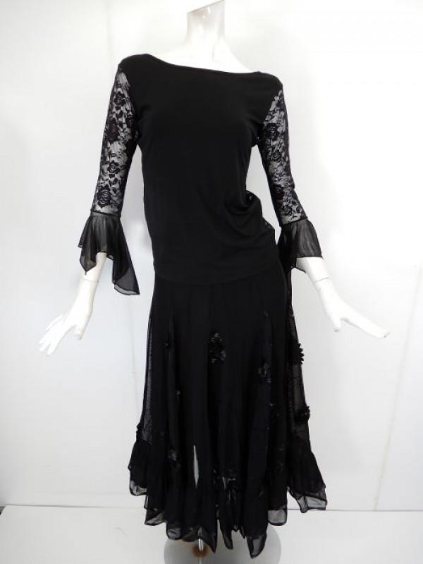 【sk870】社交ダンス衣装　ロングスカート　裾2段テープ　ブラック
