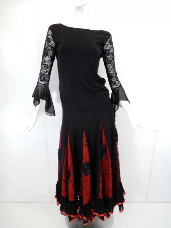 【sk871】社交ダンス衣装　ロングスカート　裾2段テープ　ブラック