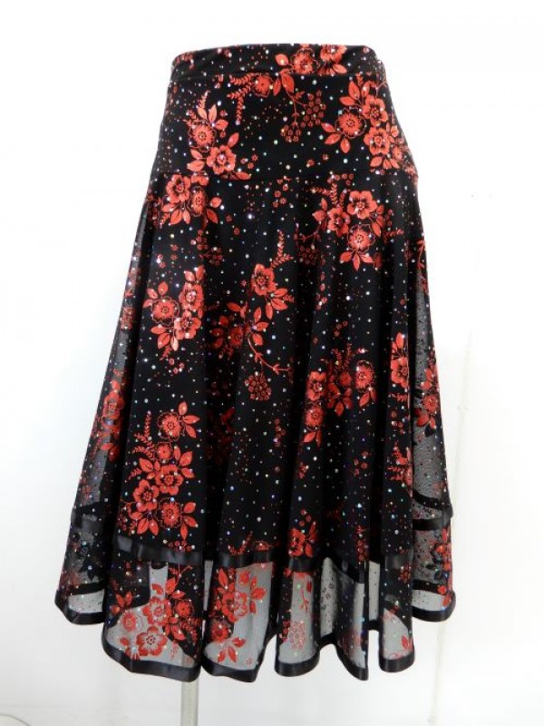 【sk821】社交ダンスミディアムロングスカート　裾テープ　裏付き　ラメ花柄　レッド