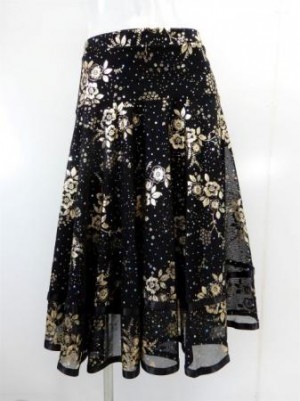 【sk822】社交ダンスミディアムロングスカート　裾テープ　裏付き　ラメ花柄　ゴールド