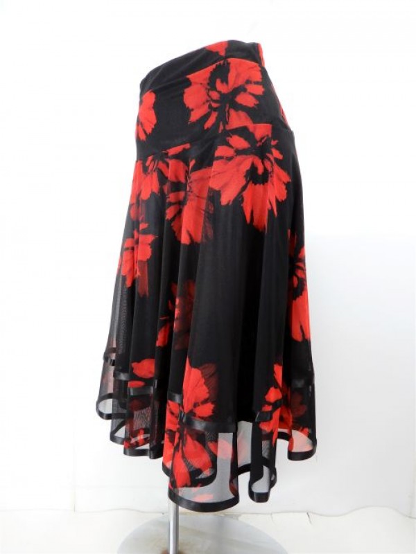 【sk827】社交ダンスミディアムロングスカート　裾テープ　裏付き　大花柄　レッド