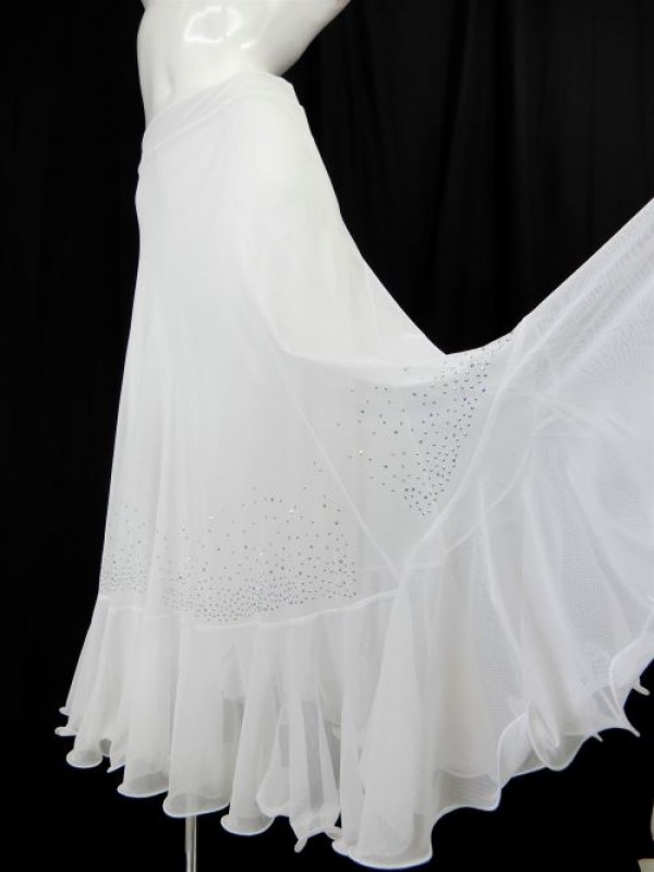 《高品質》【sk832】社交ダンスロングスカート　裾フリルストーン　ホワイト