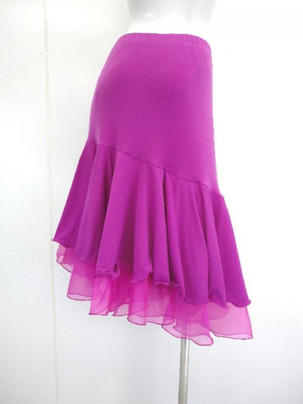 《高品質》【sk437】社交ダンスミディアムスカート　段々フリル裾斜め　ピンク