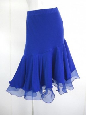 《高品質》【sk438】社交ダンスミディアムスカート　段々フリル裾斜め　ブルー