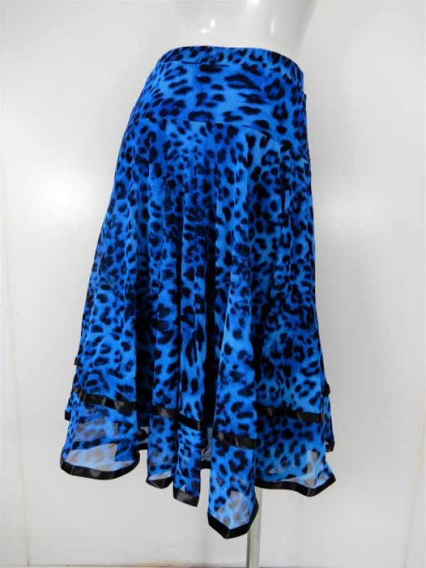 【sk843】社交ダンスミディアムロングスカート　裾テープ　裏付き　ヒョウ柄　ブルー