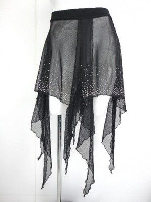 【sk462】オーバースカート　シースルーストーン飾り　長めギザギザ　ブラック