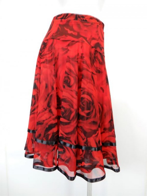 【sk846】社交ダンスミディアムロングスカート　裾テープ　裏付き　花柄レッド