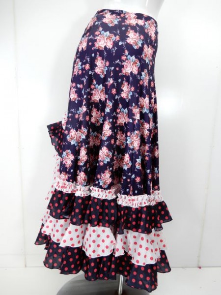 フラメンコ用【sk889】ロングスカート 花柄ドット方裾段々