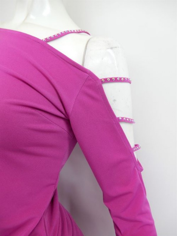 【su490】社交ダンス上下スーツ　アシメ肩あき&ミディアムスカート　ピンク