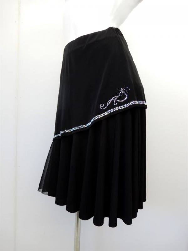 【sk807】社交ダンス　ミディアムスカート　ストーン飾り　ブラック　黒