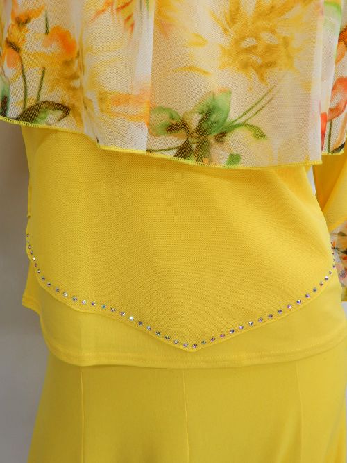 社交ダンス　競技用ドレス　黄色　フリル　Lサイズ　ラメ　花柄　透け感　カラー